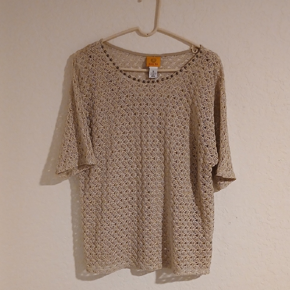 Ruby Rd. Boho Crochet Lace Studded Top - XL - Beige/Cream